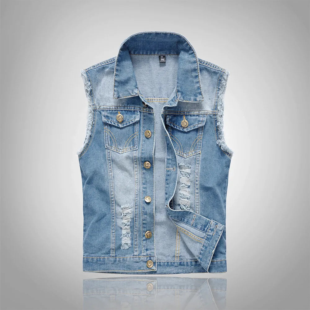 2025 Men's Fashion Jeans Sleeveless Jacket Vest Male Black Blue Denim Jeans Vest Man Cowboy Outdoors Waistcoat Mens Jacket Vest