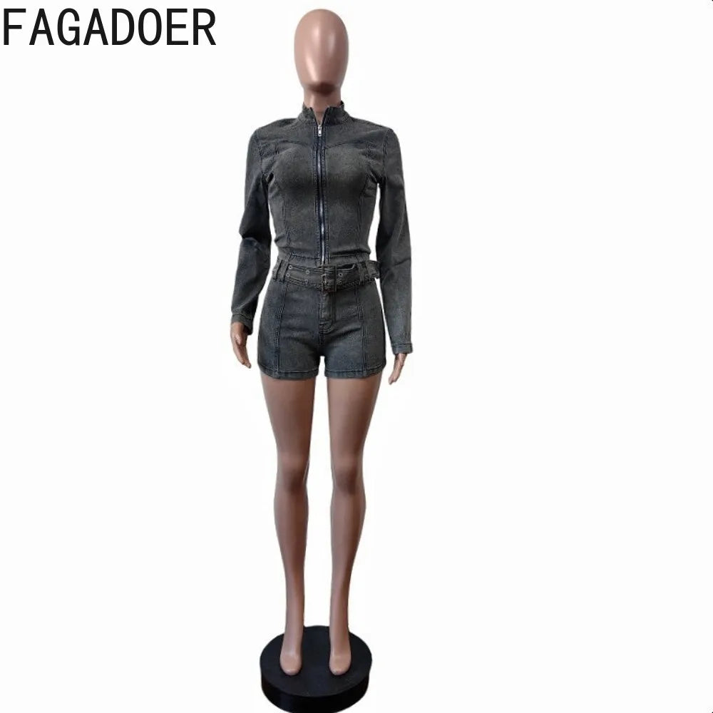 FAGADOER Sexy Denim Two Piece Set for Women Y2k Streetwear Zip Stretchy Long Sleeves Slim Crop Jackets And Shorts Suits 2025 New