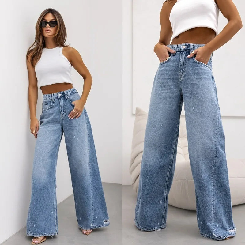Women Denim Holes Jeans Washing Pencil Pants High Waist Zipper Mom Fly Slim Wide Leg Pockets Full Length Spring 2025 Streetwear