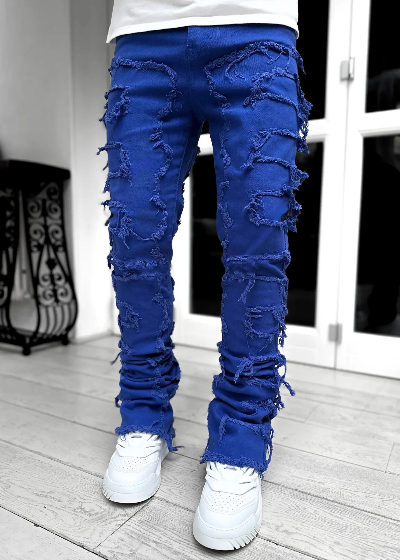 2024 Spring Summer New Men's Clothing Fashion Solid Color Elastic Patch Denim Straight-Leg Pants Jeans