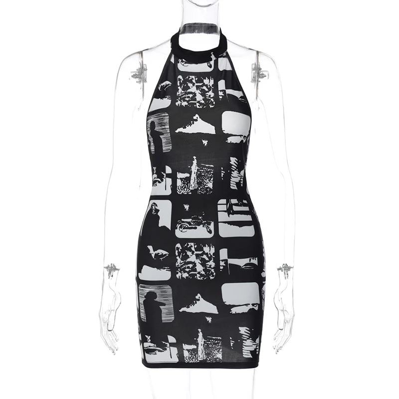 Hugcitar Vintage Print Halter Sleeveless Backless Sexy Slim Bodycon Mini Dress 2023 Summer Y2K Outfit Streetwear Nightclub Biker
