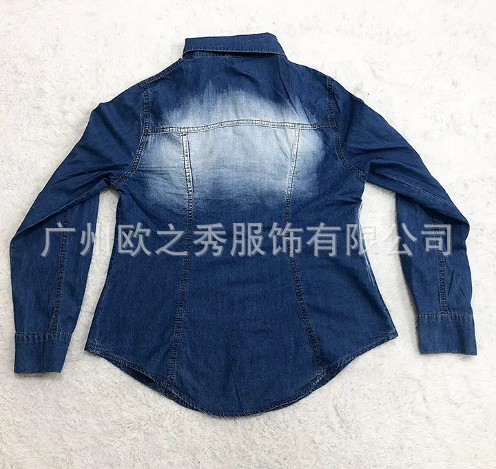Shirt for Women Autumn Blouses Denim Single Breasted Spring Blue Casual Loose Work Shirts Slim Fit Sexy Elegant Y2k Tops 2025