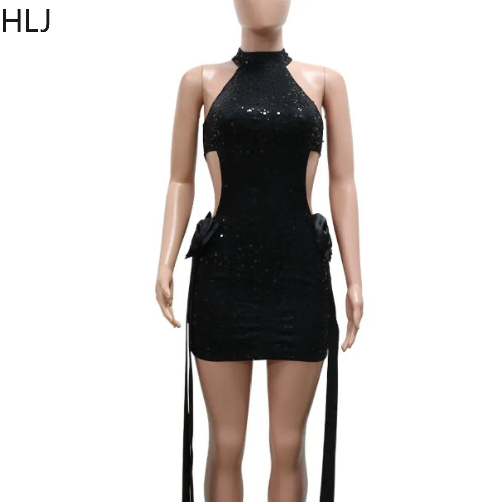 FAGADOER Bow Patchwork Bodycon Birthday Party Mini Sequined Dress Black Sexy Side Hollow Halter Tassel Night Clubwear 2024 New