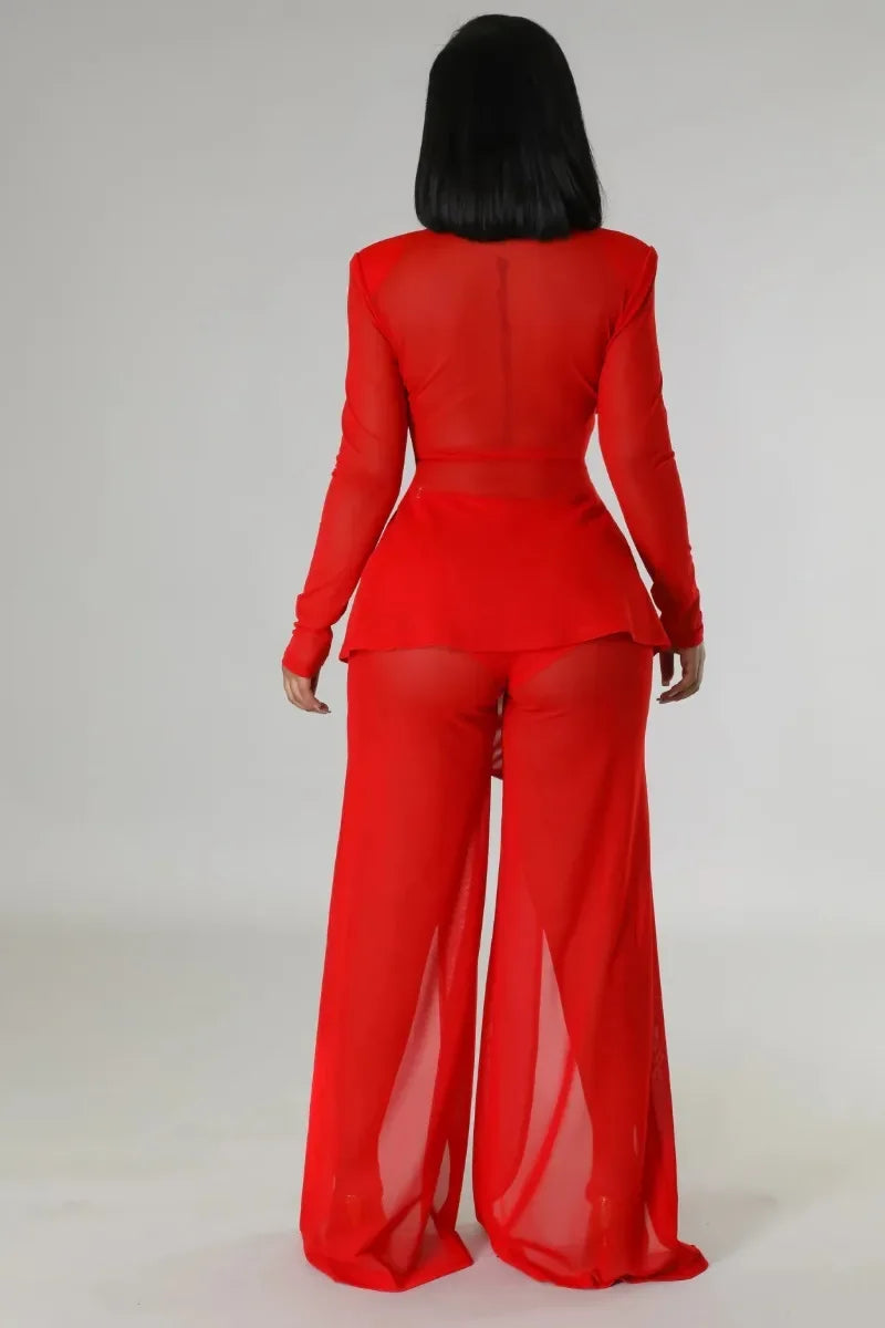Women Fashion Sexy 2 Piece Set Long Sleeve Lace Up Ribbon Zipper Slim Blazer Tops + Split Wide Leg Pants See Through Mesh Suit