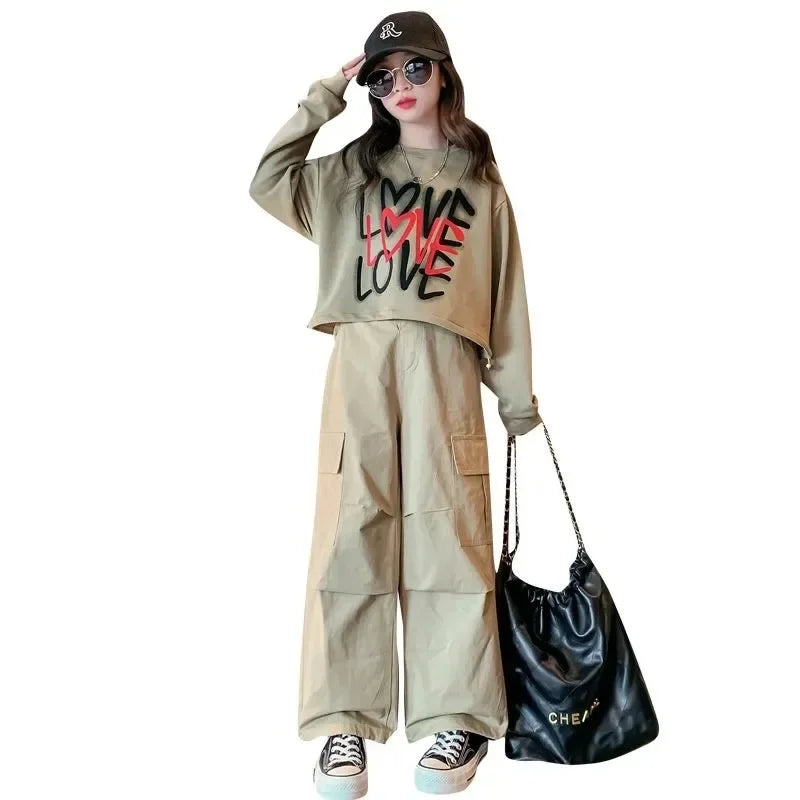2025 spring autumn Kids tracksuit Children set Girls Clothes loose T-Shirt + wide leg Cargo Pants Teenager 4 5 6 7 10 11 12 year