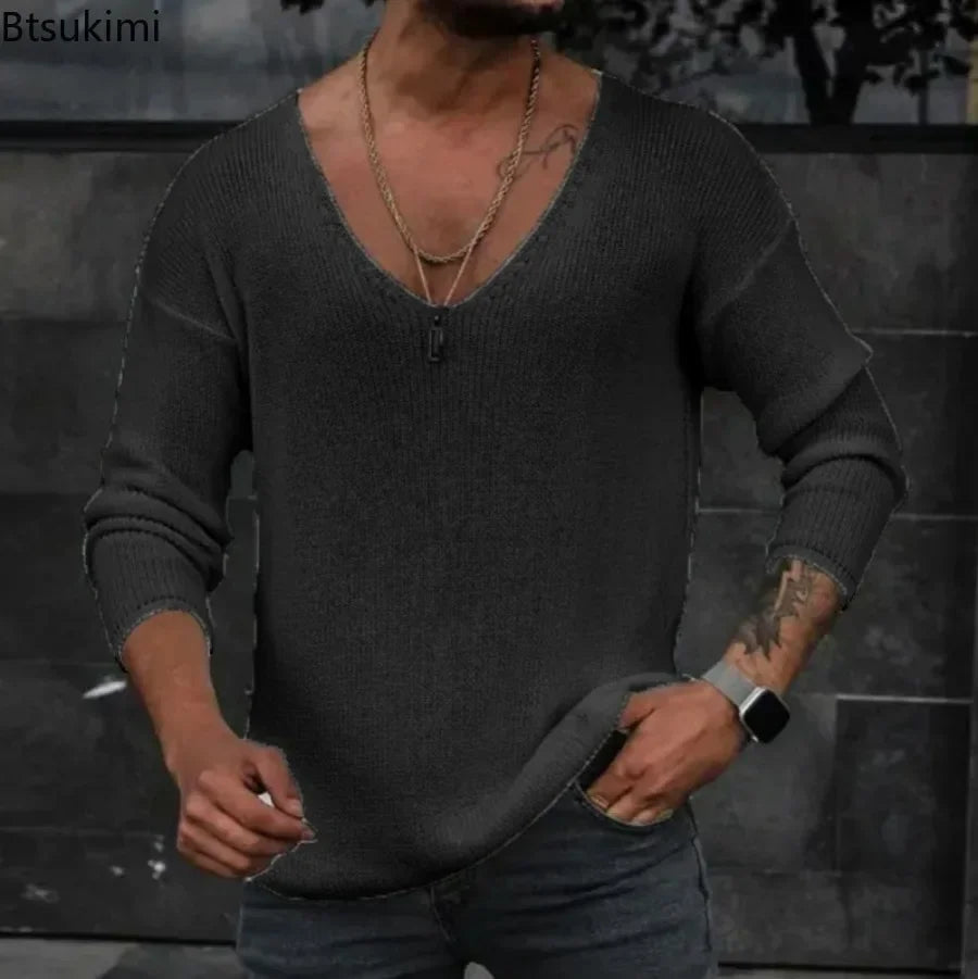New 2025 Men's Casual Long Sleeve Knitted Sweaters Tops Solid Fashion Pullover Tops For Men Harajuku V-neck Streetwear Jumper