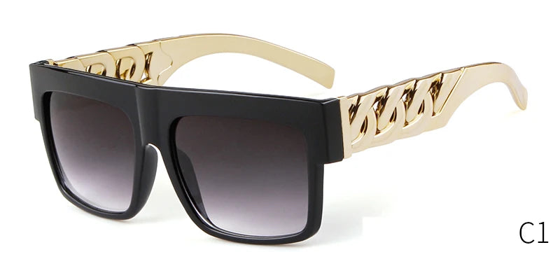 2025 Oversized Hip Hop Sunglasses Men Women Brand Design Flat Top Retro Square Black Sun Glasses Gold Plastic Chain Frame OM725