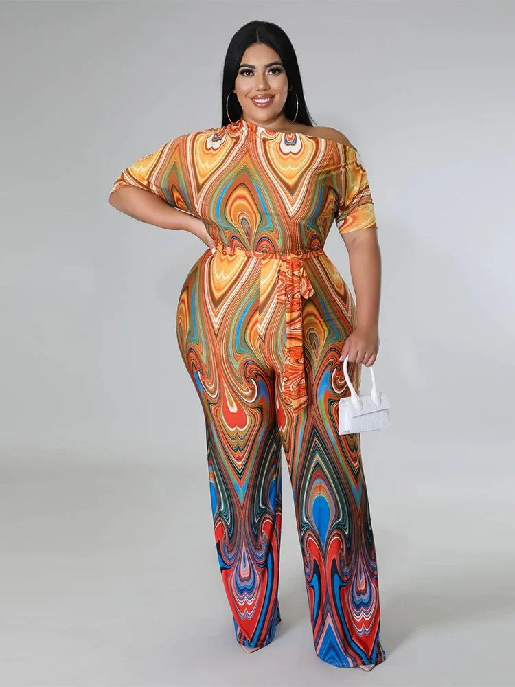 Wmstar Jumpsuit Plus Size Women Clothes Summer Printed Left Off Shoulder with Sashes Offiice Ladies Wholesale Dropshipping 2022