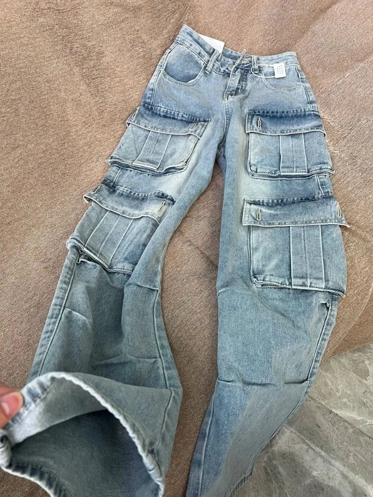 American Retro Multi Pocket Jeans for Women Y2k Oversize Street Straight Trousers 2025 New High Waist Loose Wide Leg Pants