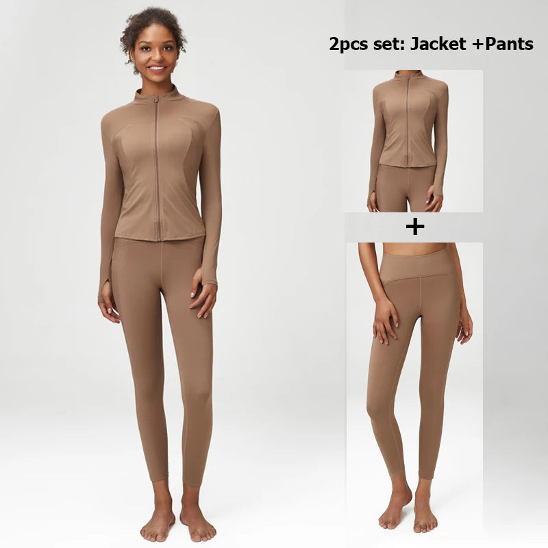 2/3 Pieces Fitness Yoga Set Women Solid Color Stretch Athletic Suit Sexy Bra Zipper Jacket High Waist Leggings Female Sportswear