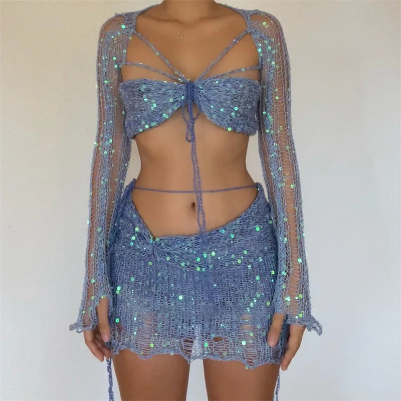 Sexy Sequined Knitted Sweater Party Dresses 3 Piece Skirt Sets Womens Outfits Flare Long Sleeve See Through Clue Wear Dress