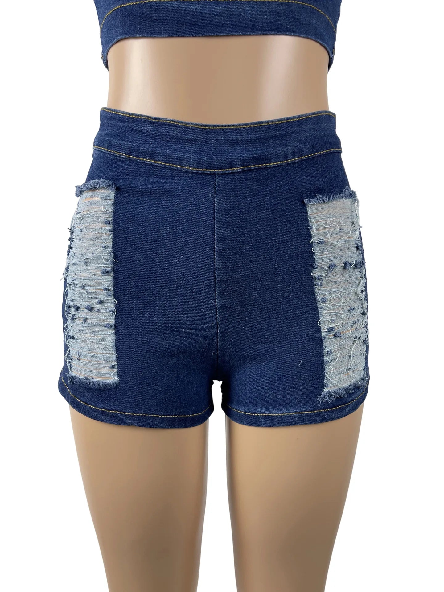 Y2k New Fashion Street Style Stretchy Sexy Ripped Bodice Denim Tops And Denim Shorts Jeans 2PCS Set Women's Clothing Plus Size