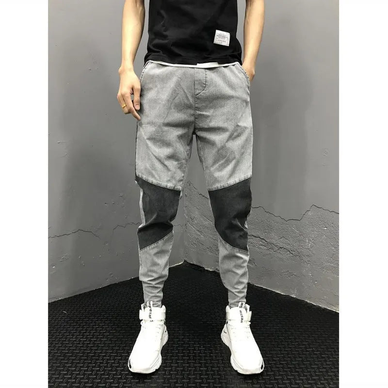 Men's Summer Korean Fashion Vintage Patchwork Stretchy Washed Denim Pants Y2K Casual Streetwear Slim Fit Jeans Pantalones Hombre