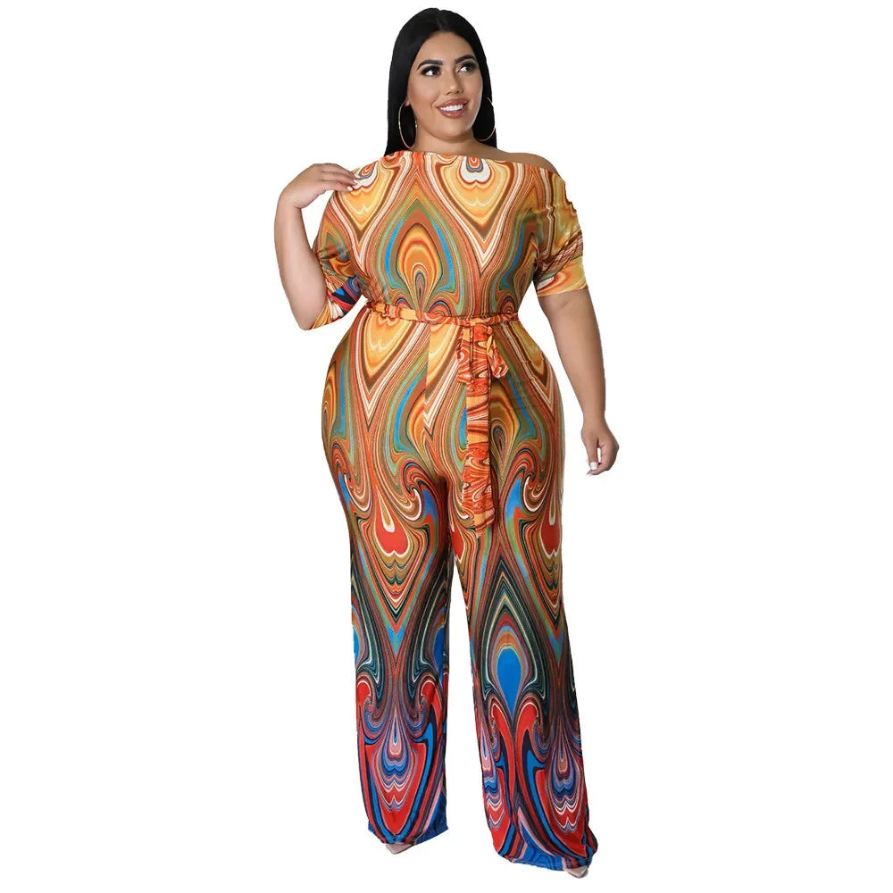 Wmstar Jumpsuit Plus Size Women Clothes Summer Printed Left Off Shoulder with Sashes Offiice Ladies Wholesale Dropshipping 2022