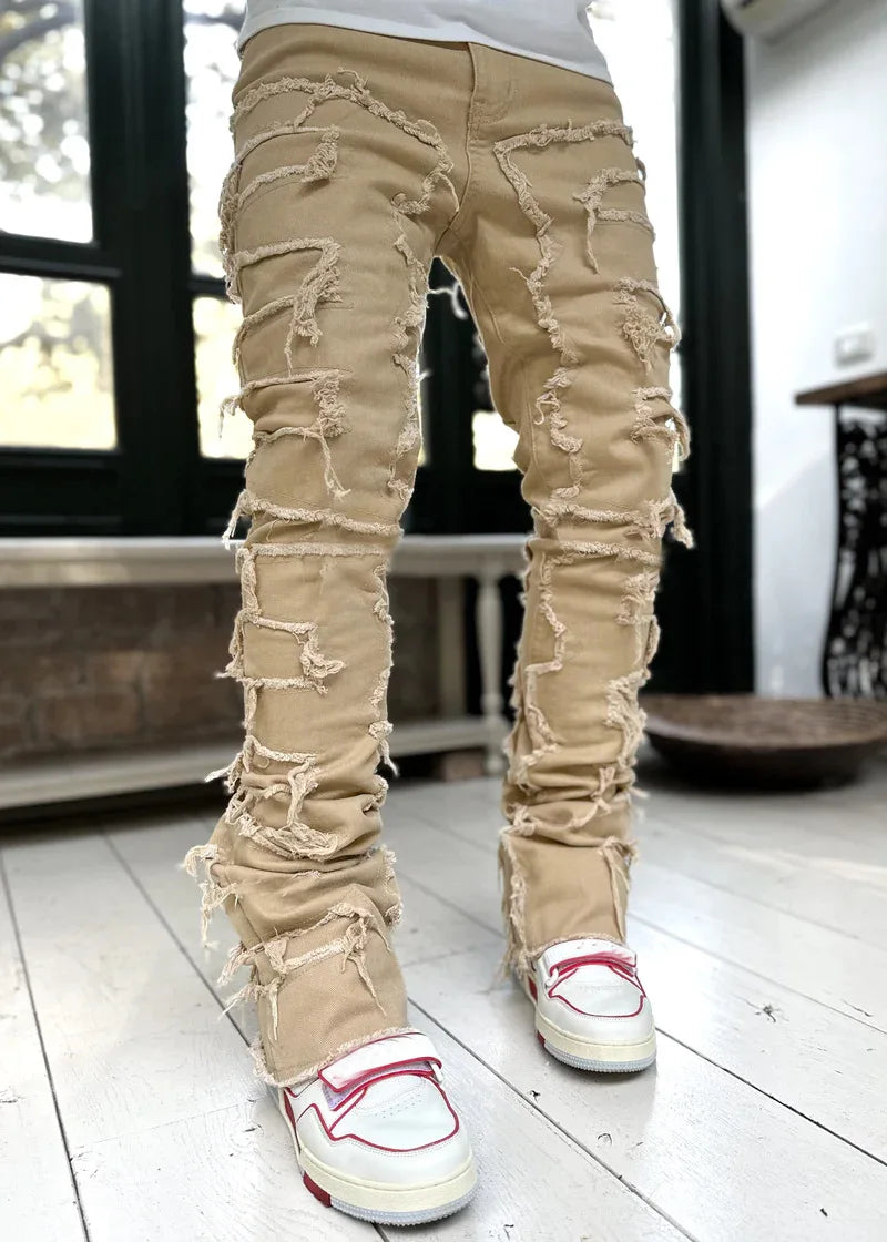 2024 Spring Summer New Men's Clothing Fashion Solid Color Elastic Patch Denim Straight-Leg Pants Jeans