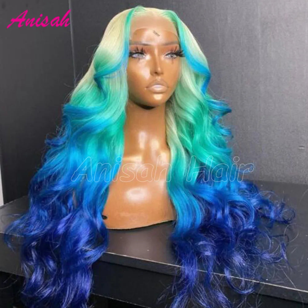 Glueless Lace Front Wigs Human Hair Ombre Blue Colored Wig for Women 13x4 HD Transparent Lace Frontal Wig PrePlucked
