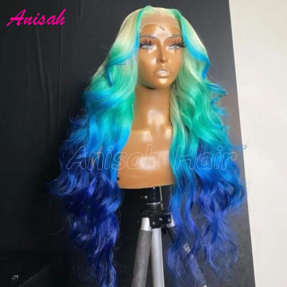 Glueless Lace Front Wigs Human Hair Ombre Blue Colored Wig for Women 13x4 HD Transparent Lace Frontal Wig PrePlucked