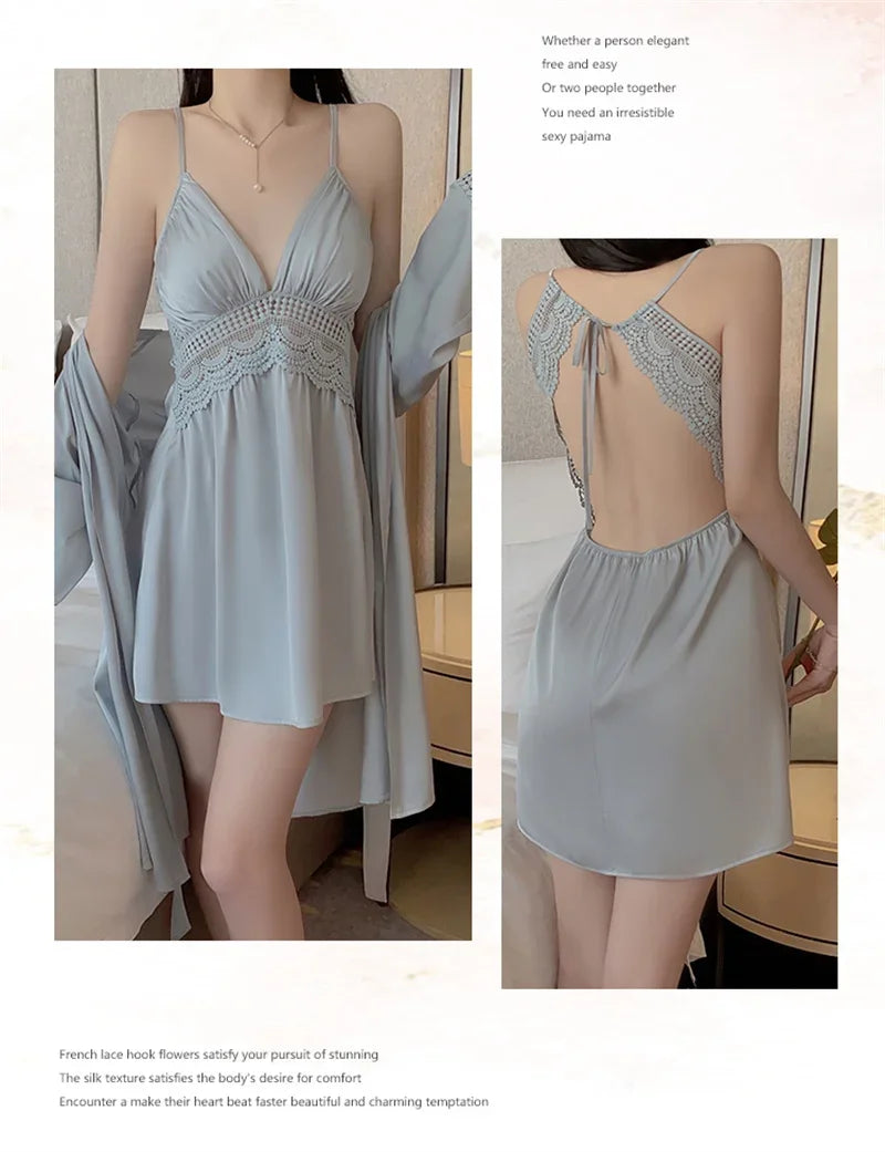 REBEYULI Brand 2025 Vintage Women Nightgown Sets Sexy Lingerie Set Spaghetti Strap Nigh Dress with Bra Cups Women's Nightwear