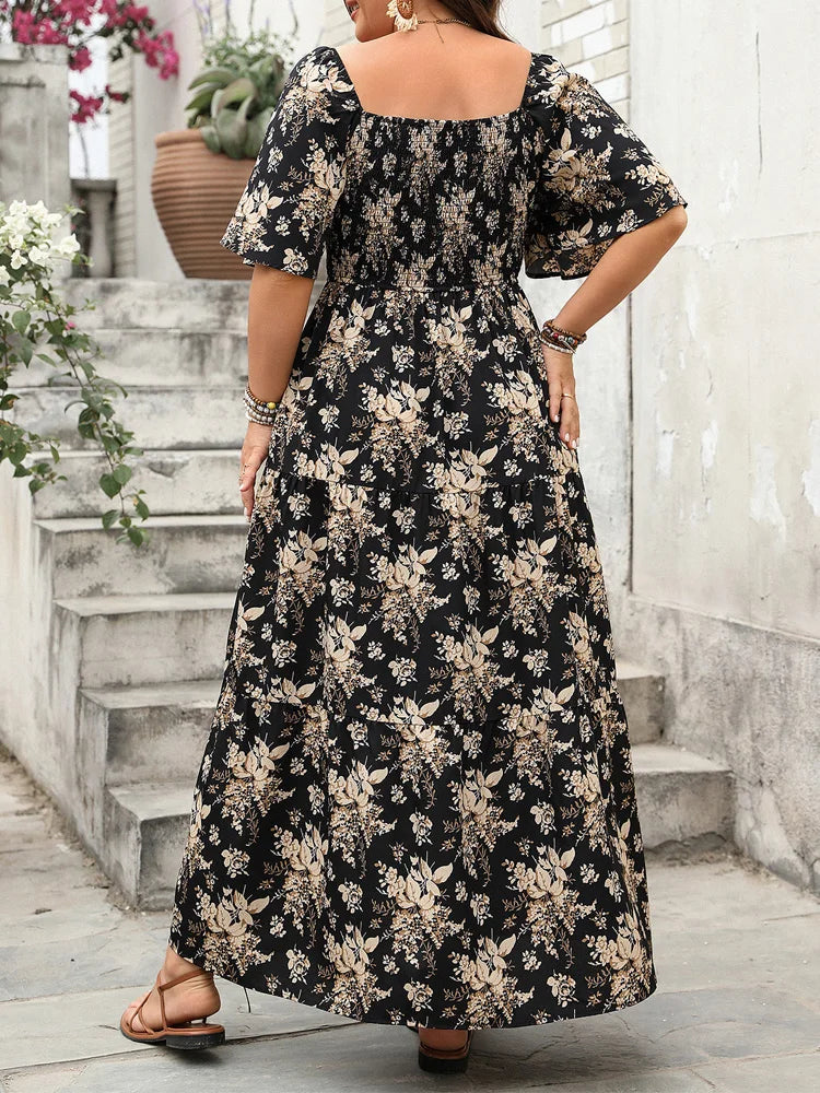 GIBSIE Plus Size Square Neck Floral Print Maxi Dress Women Summer 2025 Knot Front Hollow Out Boho Vacation Big Swing Dresses