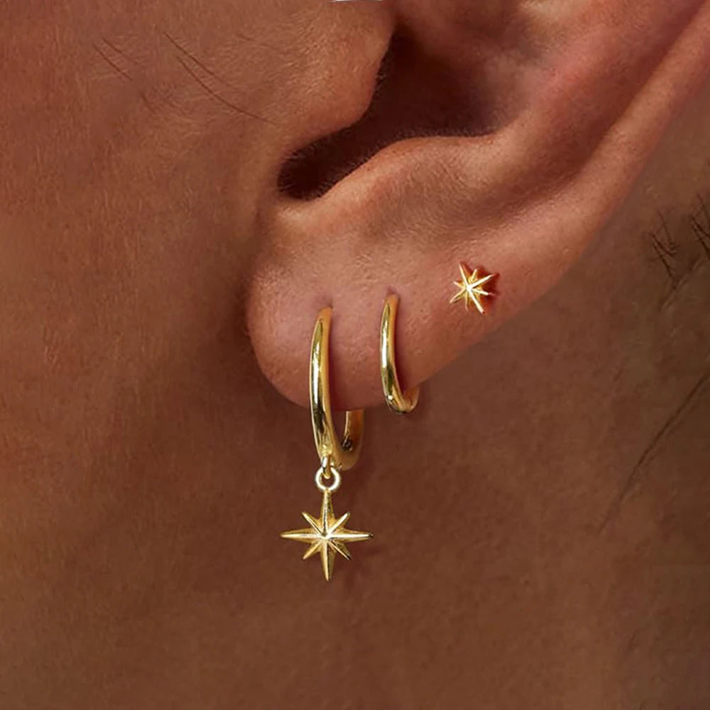 Stainless Steel Round Star Drop Earrings