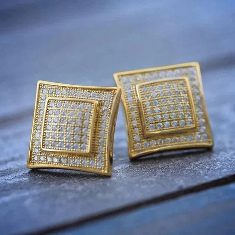 Huitan Gold Color Geometric Stud Earrings for Women/Men Full Bling Bling CZ Simple Versatile Couple Earrings Gift Trendy Jewelry