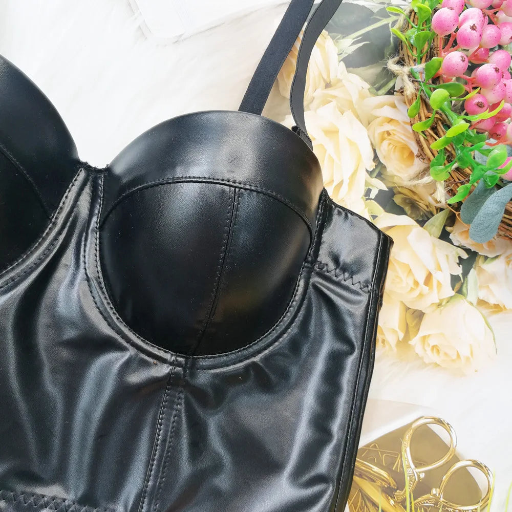 Women's Corset Punk Goth Leather Bustier Crop Top Party Clubwear Sexy Tops with Bra Korset Lingerie Female Clothing 2025 Summer