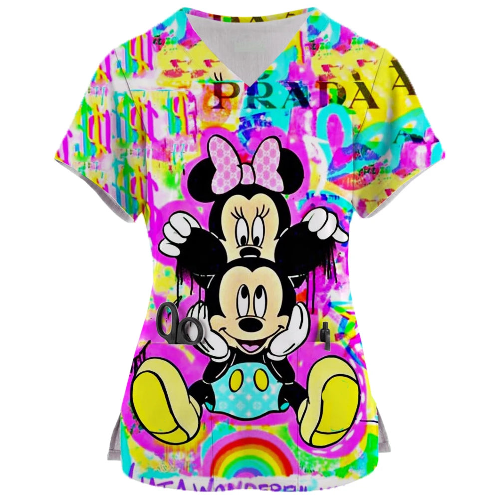 2024 New Minnie Mouse Print Nurse Medical Uniforms V-neck Short Sleeve Pocket Workwear Top Scrubs Medical Accessories Uniform