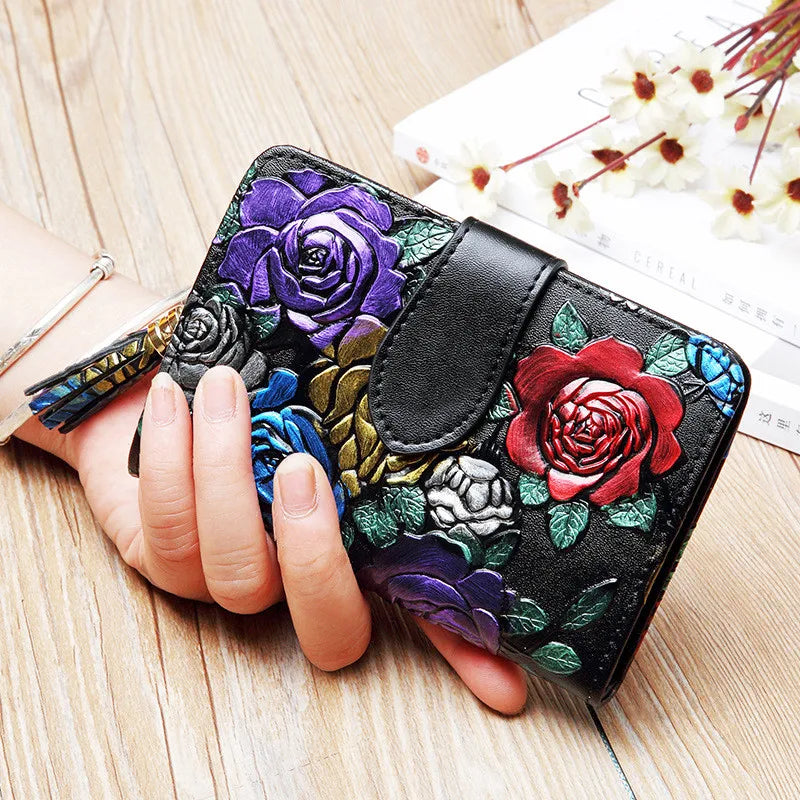 Floral Purse Short Women 2025 New Small Wallet Women Cards and Coins Cow Leather Purse Bag