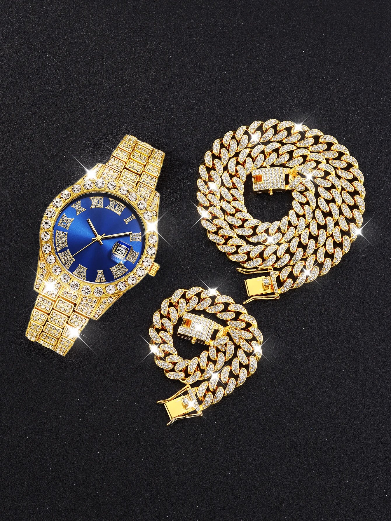 3PCS Luxury Watch With Calendar And Hip Hop Cuban Necklace bracelet set