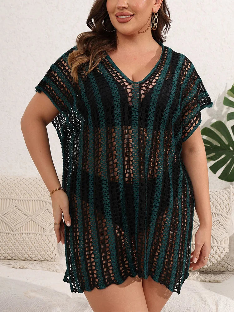 GIBSIE Plus Size Sexy Hollow Out Bikini Cover-ups Women Summer Vacation Split Beach Dress Female Swimsuit Cover Up Beachwear