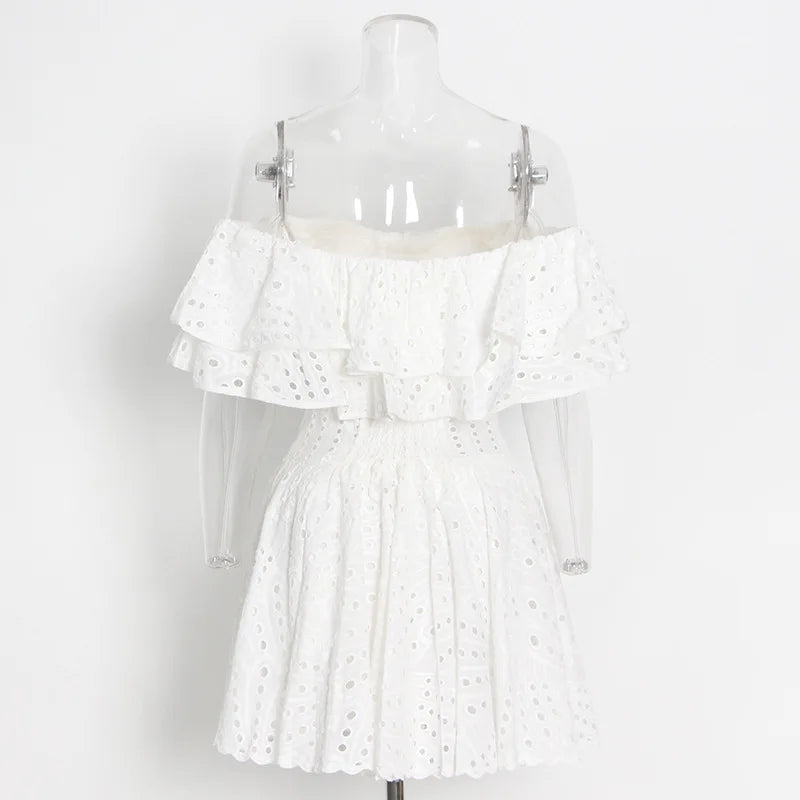 JAMERARY Women Dress Summer Runway Cut Out Double Layer Ruffles Embroidery Elastic Waist Short Party Vestidos Holiday Beach Wear