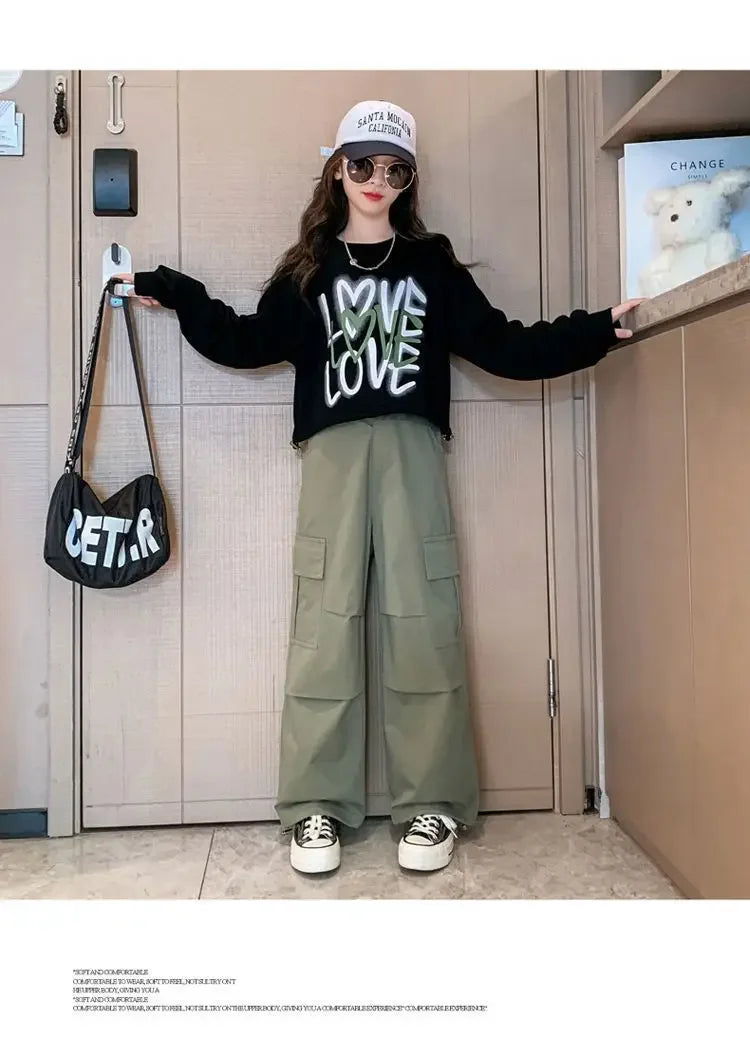 2025 spring autumn Kids tracksuit Children set Girls Clothes loose T-Shirt + wide leg Cargo Pants Teenager 4 5 6 7 10 11 12 year
