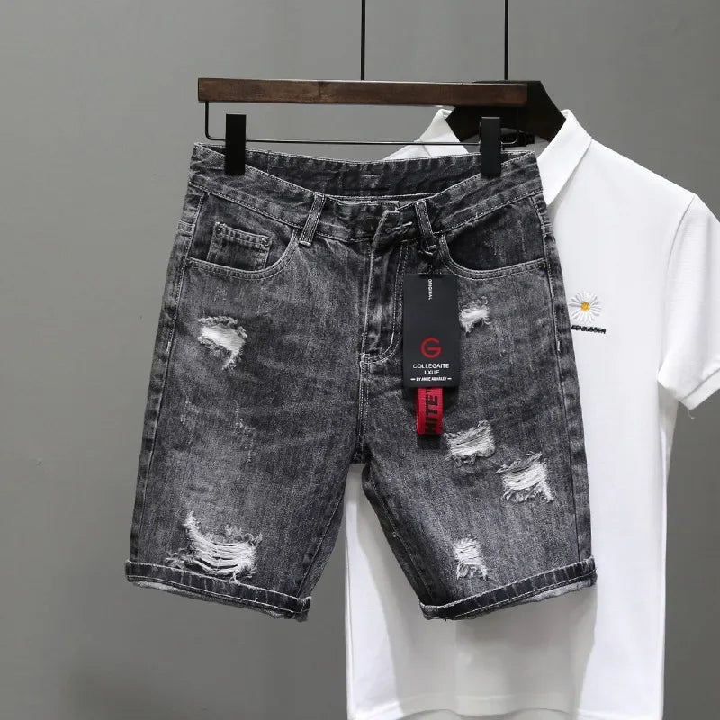 Summer 2025 Light Blue Ripped Cat Whisker Patch Letter Print Slim Denim Shorts Teenagers Jeans Boys and Girls Cowboy Short Pants