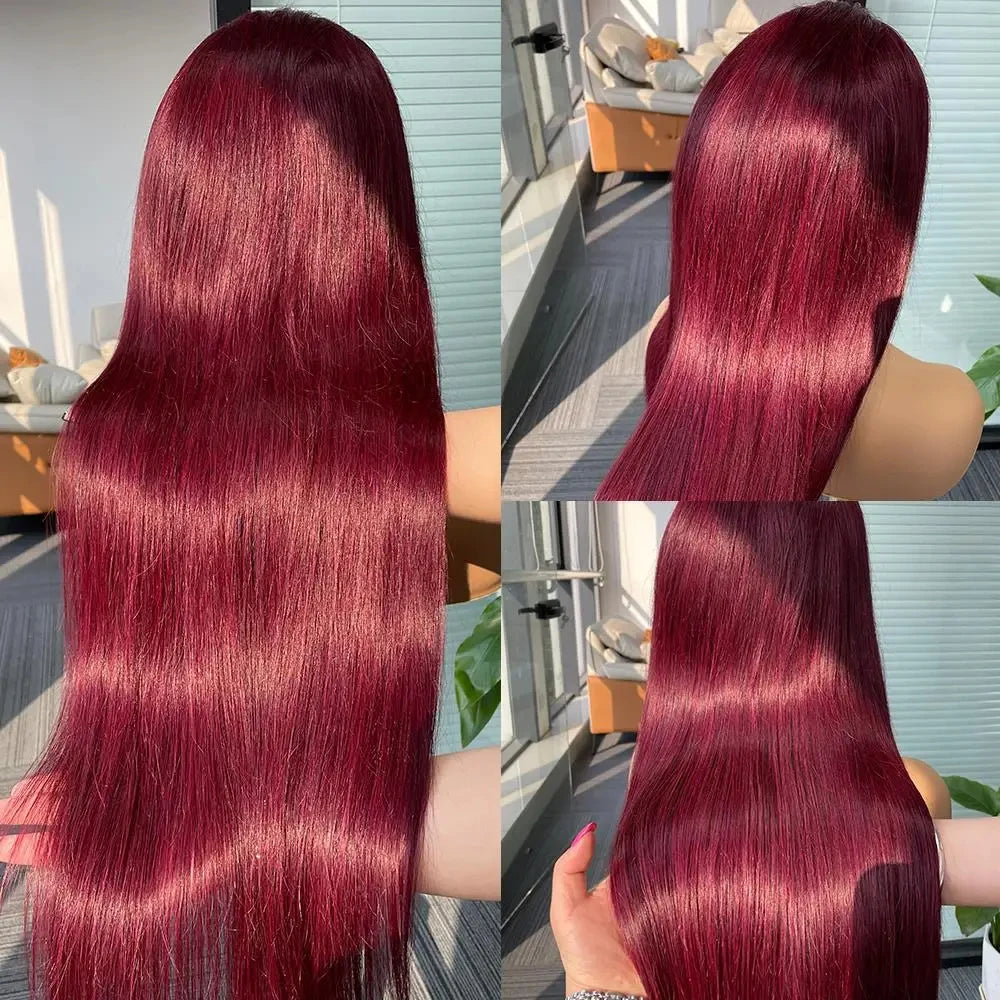 Straight 13x4 13x6 HD Lace Front Human Hair Wig 99J Red Burgundy Colored HD Transparent PrePlucked Lace Frontal Human Hair Wigs