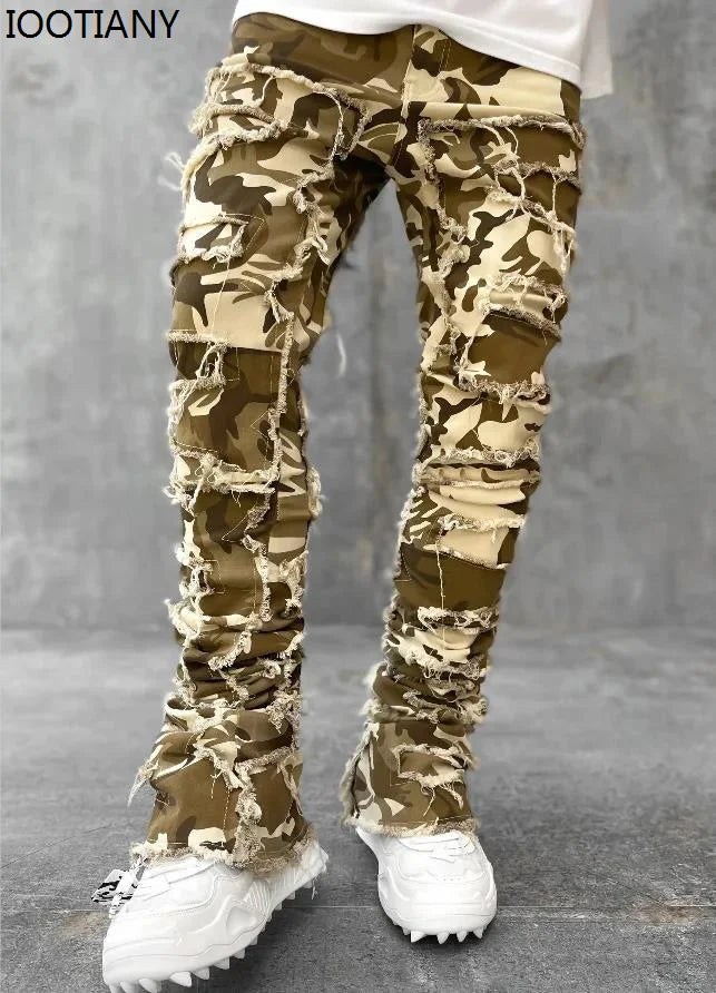 New Fashion Stretch Jeans Man Stacked Jeans Elastic Waist Straight Fit Patchworks Denim Long Pants Fringe Ripped Jeans For Men
