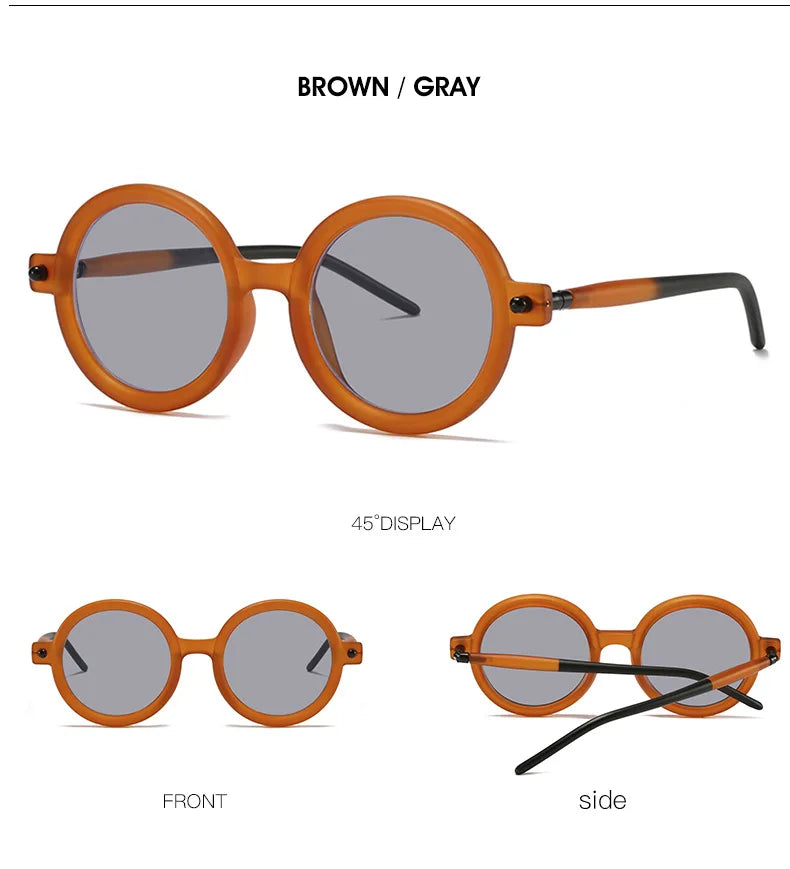 Retro Gray Pink Lens Round Sunglasses Women 2025 Brand Trendy Shiny Circle Frame Men Spectacle Plain Eyewear Shades Sun Glasses