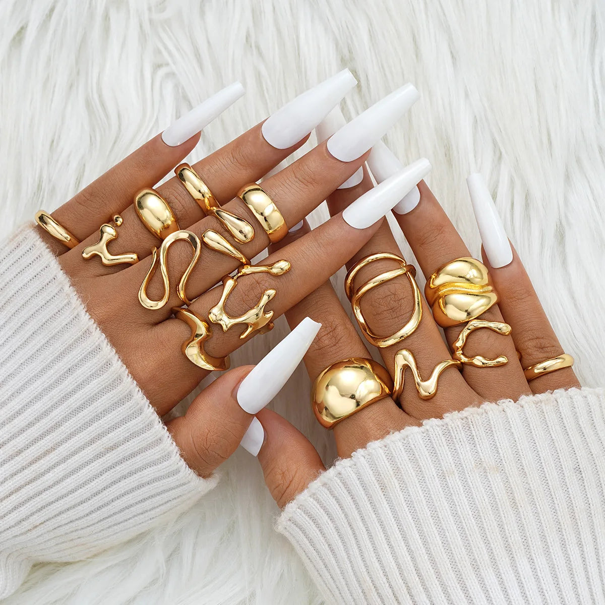 15Pcs Punk Smooth Geometric Open Rings Set For Women