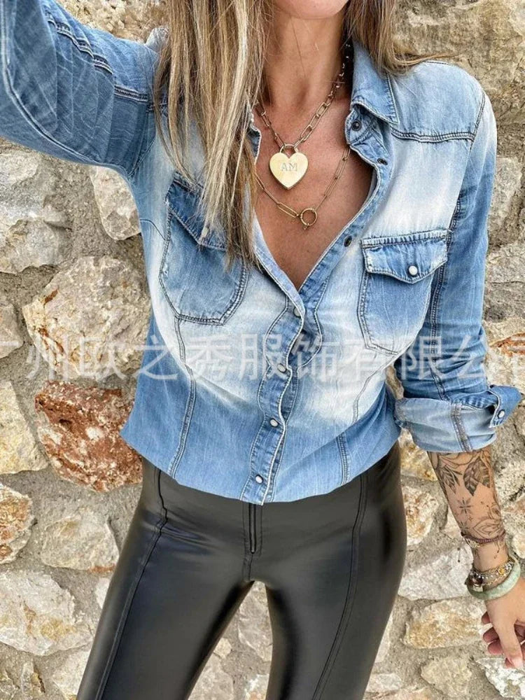 Shirt for Women Autumn Blouses Denim Single Breasted Spring Blue Casual Loose Work Shirts Slim Fit Sexy Elegant Y2k Tops 2025