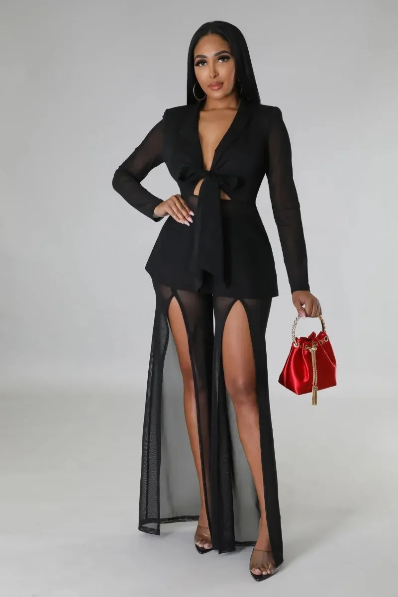 Women Fashion Sexy 2 Piece Set Long Sleeve Lace Up Ribbon Zipper Slim Blazer Tops + Split Wide Leg Pants See Through Mesh Suit