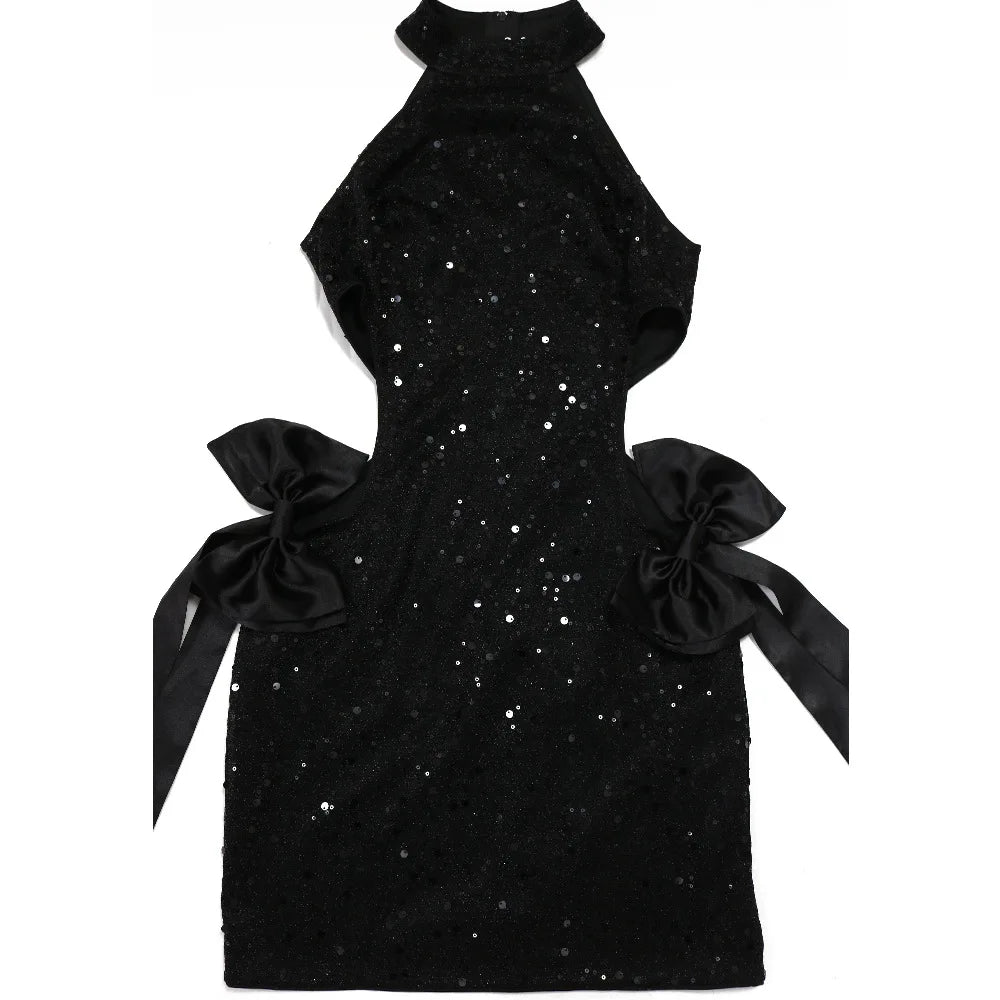 FAGADOER Bow Patchwork Bodycon Birthday Party Mini Sequined Dress Black Sexy Side Hollow Halter Tassel Night Clubwear 2024 New