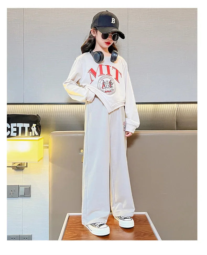 2025 autumn spring kid Girls Clothes Suit Child irregular letter sweatshirt t-shirt top and loose pant Tracksuit 4 8 10 12 year