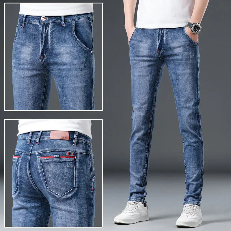 Slim Boys Blue Jeans, Black Men's Fashion Casual Trousers, Gray Denim Pants, Asian Size 28-38, Men Jean