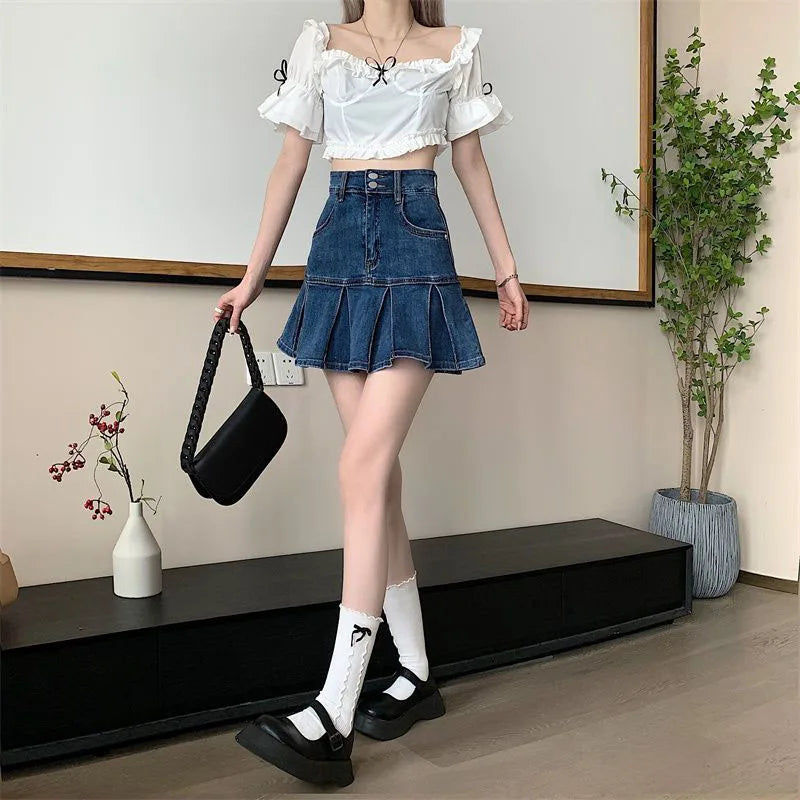 Lucyever Korean Style Women's Mini Denim Skirt Fashion High Waist A-Line Jean Skirts Woman 2025 Summer New Street Pleated Skirts