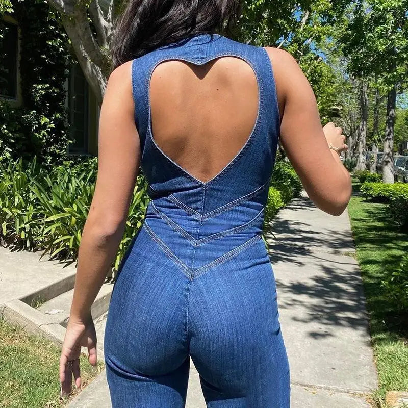 2025 New Women's Spring Summer Sexy Sleeveless Backless High Waisted Micro Flared Denim Jumpsuit