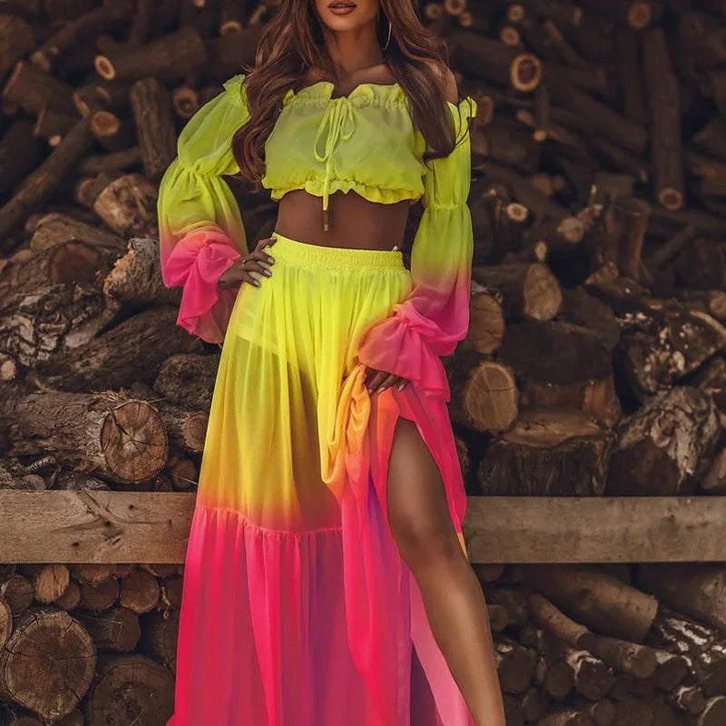 Autumn Chic Sexy Off Shoulder Ruffle Long Skirt Women Suit