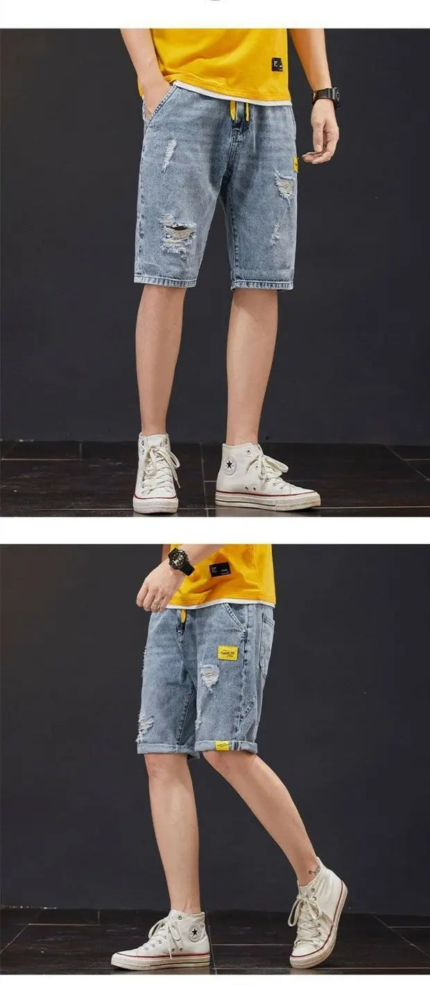 Summer 2025 Light Blue Ripped Cat Whisker Patch Letter Print Slim Denim Shorts Teenagers Jeans Boys and Girls Cowboy Short Pants