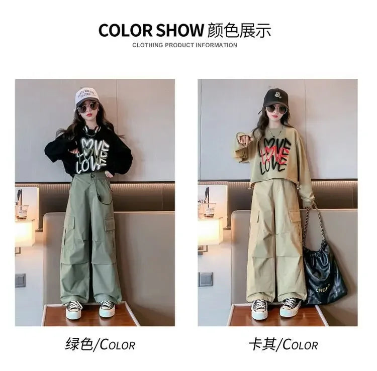 2025 spring autumn Kids tracksuit Children set Girls Clothes loose T-Shirt + wide leg Cargo Pants Teenager 4 5 6 7 10 11 12 year