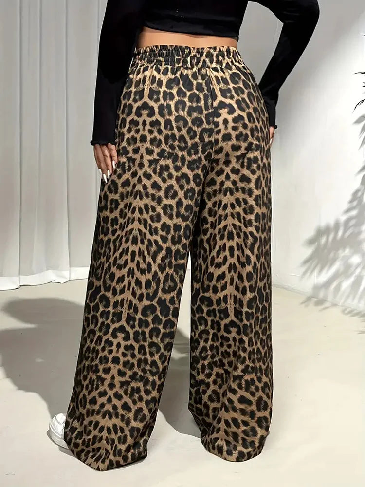 GIBSIE Plus Size Leopard Print Drawstring Wide Leg Pants Women 2025 Spring Summer High Waist Loose Casual Straight Trousers
