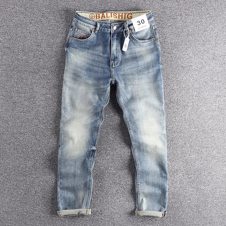 13oz Embroidery Light Blue Washed Denim Jeans for Men 2025 Spring Fashion Fit Straight Pants Clothes Youth Male Casual Trousers