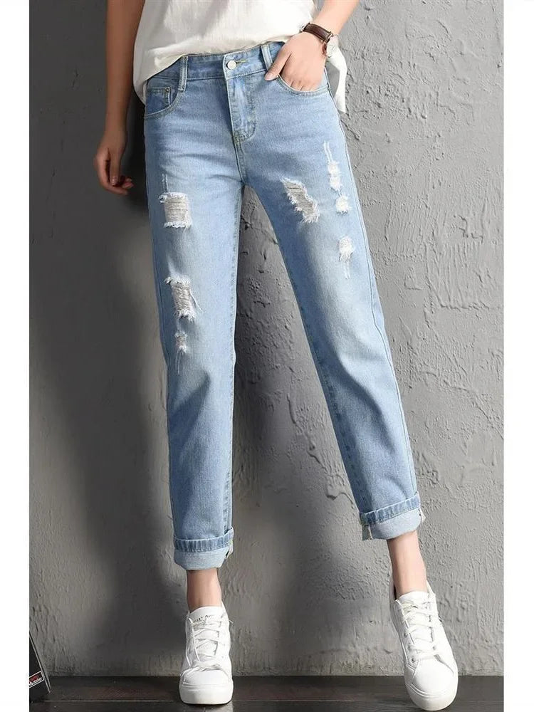 2025 Women jeans Clothing Mid Waist Boyfriend Big Ripped Hole Jeans Casual High Street Denim Pants woman Pencil Jeans y2k